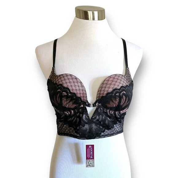 Adore Me 36B Camilla Push Up Bra Black Lace Plunge Underwire Rhinestone Longline - Picture 2 of 8
